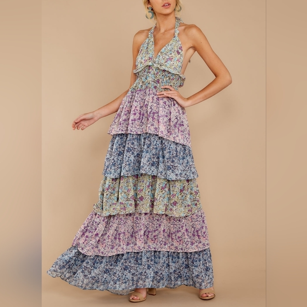 NWT Luxxel Floral Halter Tie Tiered Fitted Bodice Maxi Dress Size Large